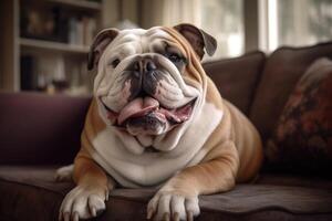 Englisch Bulldogge Sitzung auf das Sofa im das Leben Zimmer und suchen beim Kamera ai generiert foto