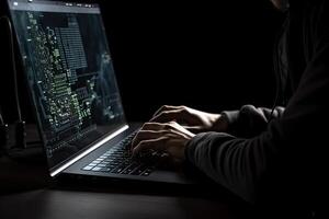 Hacker Arbeiten auf Laptop im dunkel Zimmer, Cyber Sicherheit Konzept. ein Programmierer Rückseite Aussicht Nahansicht tun Programmierung , ai generiert foto