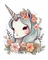 Einhorn Jungen mit Regenbogen Farbe Haar. Regenbogen Einhorn Baby mit bunt Haar und Horn. Baby Einhorn Karikatur Illustration auf ein Weiß Hintergrund. Baby Einhorn Design. ai generiert. foto