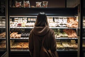 zurück Aussicht von jung Frau im braun Mantel suchen beim anders Typen von Gebäck im ein Bäckerei Geschäft, ein Frau voll Rückseite Aussicht Einkaufen im ein Essen Geschäft, ai generiert foto