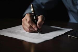 Nahansicht von ein Mann Unterzeichnung ein Vertrag mit ein Stift. ein echt Nachlass Agent Unterzeichnung seine Unterlagen Nahaufnahme, ai generiert foto