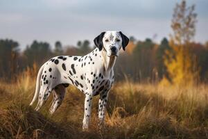 Dalmatiner Hund Stehen im das Herbst Feld. selektiv Fokus. ai generiert foto