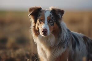 australisch Schäfer Hund im das Feld beim Sonnenuntergang. selektiv Fokus. ai generiert foto