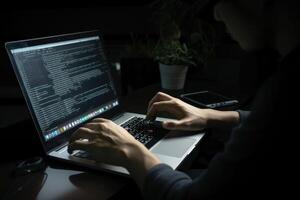 Hacker mit Laptop im ein dunkel Zimmer beim Nacht. Programmierer Arbeiten auf Computer. ein Software Ingenieur Codierung auf ein Laptop, ai generiert foto