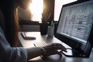 weiblich Programmierer Arbeiten auf Computer im Büro, Nahansicht von Hände. ein Frau Rückseite Aussicht Nahansicht im ihr Büro Schreibtisch mit Computer, ai generiert foto