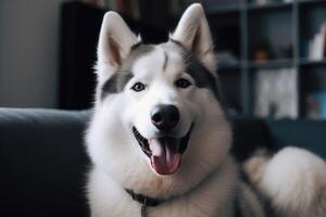 Porträt von sibirisch heiser Hund Sitzung auf Sofa beim Zuhause ai generiert foto