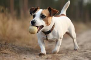 Jack Russell Terrier Hund spielen mit ein Ball im das Wald ai generiert foto