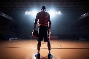 Basketball Spieler üben und posieren zum Basketball und Sport Athlet Konzept auf Sport Arena Hintergrund, ein Basketball Spieler voll Rückseite Aussicht Stehen mit Basketball ai generiert foto