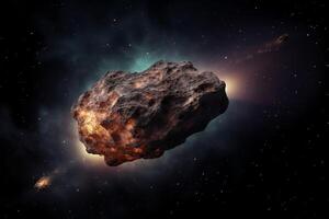 abstrakt Raum Illustration mit ein Asteroid mit ein Verbrennung Pfad. ai generiert Illustration. foto