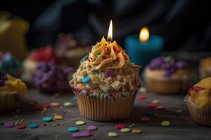 Cupcakes mit Buttercreme frostingrated mit bunt Sträusel und zündete Kerze, köstlich Geburtstag Cupcake auf ein Tabelle mit damit viele bunt Sträusel, ai generiert foto