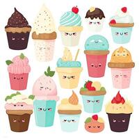 schön Cupcake Karikatur Design Sammlung auf Weiß Hintergründe. Cupcake Karikatur Design Sammlung. köstlich Geburtstag Kuchen mit glücklich Gesichter. Kuchen Illustration Satz. ai generiert. foto