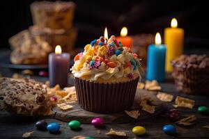 Geburtstag Cupcake mit bunt Süßigkeiten und Kerzen auf hölzern Hintergrund, köstlich Geburtstag Cupcake auf ein Tabelle mit damit viele bunt Sträusel, ai generiert foto