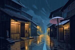 Illustration von ein Straße beim Nacht mit ein Laterne und ein Regenschirm, ein schön Kunstwerk Illustration von regnerisch mittelalterlich Japan ai generiert foto