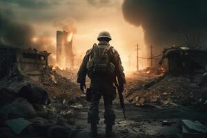 Militär- Mann mit Angriff Gewehr im Aktion auf das Hintergrund von nuklear Leistung Pflanze. ein Soldat Stehen inmitten das Ruinen von ein zerstört Stadt nach ein nuklear Explosion, ai generiert foto