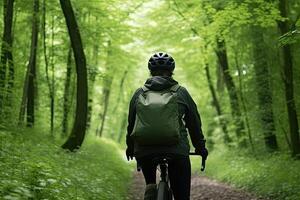 Rückseite Aussicht von ein Radfahrer Reiten ein Fahrrad durch das Grün Wald, Radfahrer voll Rückseite Aussicht tragen Ausrüstung und Radfahren, ai generiert foto