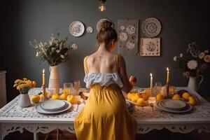 schön Mädchen im ein Gelb Kleid Sitzung beim das Tabelle mit Orangen und Kerzen, ein jung Hausfrau tragen ein Schürze und beschäftigt, verlobt im verschiedene Haushalt Hausarbeiten, ai generiert foto