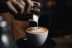 Barista Gießen Milch im ein Tasse von Kaffee beim das Bar Schalter, ein planetarisch System und Raum mit Sterne, ai generiert foto