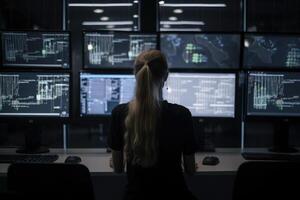 Rückseite Aussicht von weiblich Sicherheit bewachen suchen beim Computer Monitore im Überwachung Zimmer, ein weiblich Programmierer Codierung und Arbeiten auf ein Computer im ihr Büro, ai generiert foto