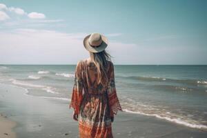 jung Frau im ein Hut und Sarong Stehen auf das Strand und suchen beim das Meer, ein jung Bohemien Dame tragen Boho Stil Kleidung auf ein Strand, ai generiert foto