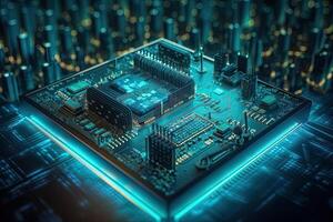 Nahansicht von elektronisch Schaltkreis Tafel. Technologie Konzept. 3d Wiedergabe, ein echt Stadtbild Gebäude oben auf ein Hintergrund von Neon- blaugrün Schaltkreis Muster, ai generiert foto