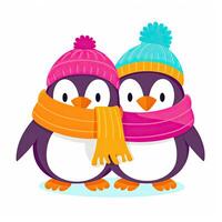 süß Pinguine Karikatur Design. bunt Pinguin Karikatur zum Kinder Färbung Seiten. süß Pinguine Karikatur Illustration auf ein Weiß Hintergrund. bunt Pinguin tragen Schalldämpfer und Hut Design. ai generiert foto