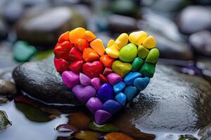 bunt Herz gestalten auf ein Stein im das Wasser. Valentinsgrüße Tag Konzept. ein Herz gemacht von Regenbogen Farben, ai generiert foto