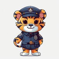 Tiger Polizist Karikatur Sammlung. süß Tiger Jungtier tragen Polizei Kleider. schön Tiger Polizei Karikatur Design auf Weiß Hintergründe. Karikatur Zeichen und Tiger Jungen mit glücklich Gesichter. ai generiert. foto