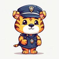 Tiger Polizist Karikatur Sammlung. süß Tiger Jungtier tragen Polizei Kleider. Karikatur Zeichen und Tiger Jungen mit glücklich Gesichter. Baby Tiger Illustration Satz. ai generiert. foto