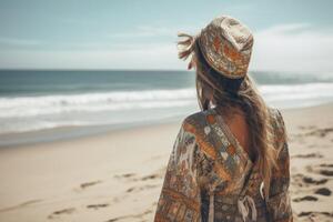 jung Frau im ein Hut und Sarong Stehen auf das Strand und suchen beim das Meer, ein jung Bohemien Dame tragen Boho Stil Kleidung auf ein Strand, ai generiert foto