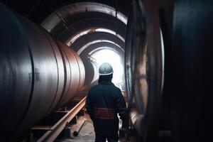 industriell Arbeiter beim das Fabrik. schwer Industrie Konzept. industriell Hintergrund, ein Ingenieur Rückseite Aussicht Arbeiten im Vorderseite von Stahl Rohre , ai generiert foto