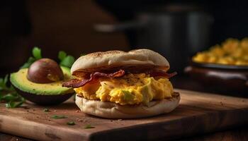 gegrillt Gourmet Sandwich mit frisch Fleisch und Gemüse auf rustikal Holz generiert durch ai foto