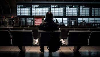 einer Person warten, Sitzung auf Stuhl, Innerhalb Flughafen Abfahrt Bereich generiert durch ai foto
