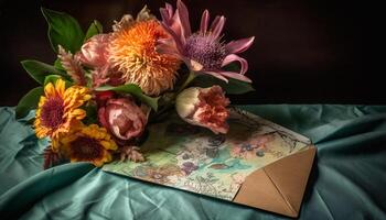 frisch Strauß von multi farbig Blumen im ein Jahrgang Vase generiert durch ai foto