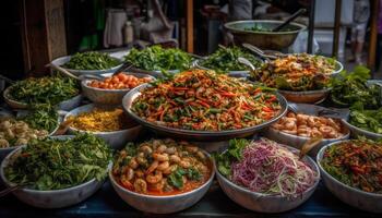 frisch Meeresfrüchte Salat mit multi farbig Gemüse und Osten asiatisch Gewürze generiert durch ai foto