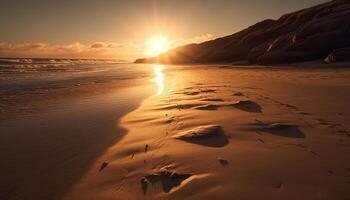 golden Horizont Über still Gewässer, ein idyllisch Sommer- Abenteuer generiert durch ai foto