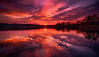 beschwingt Sonnenuntergang spiegelt Schönheit im Natur Über still Seelandschaft Hintergrund generiert durch ai foto