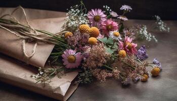 frisch Strauß von Wildblumen, ein rustikal Geschenk von Natur Schönheit generiert durch ai foto