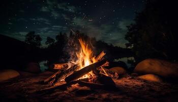 glühend Lagerfeuer leuchtet dunkel Wald, perfekt zum Sommer- Abenteuer Mahlzeiten generiert durch ai foto