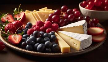 gesund Snack Teller Beeren, Camembert, brot, Gouda, und Wein generiert durch ai foto