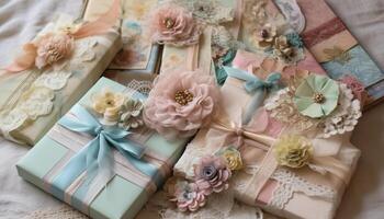 Rosa Geschenk Box mit aufwendig Dekoration und Blume Strauß Innerhalb generiert durch ai foto