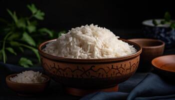 organisch Basmati Reis gedämpft zum gesund Vegetarier Mittagessen, schließen oben Frische generiert durch ai foto