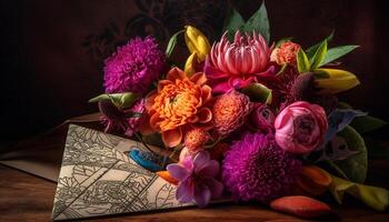 Natur Strauß ein bunt Anordnung von frisch Blumen auf Holz generiert durch ai foto