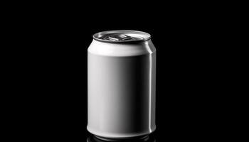 glänzend Metall Kanister hält erfrischend Cola trinken, nass mit Tau generiert durch ai foto