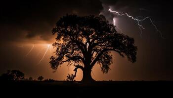 Silhouette von Baum zurück zündete durch gespenstisch elektrisch Dämmerung Himmel generiert durch ai foto