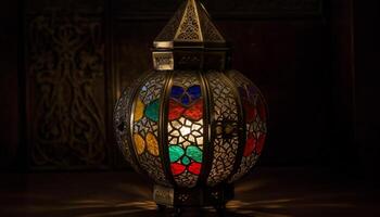 beleuchtet Antiquität Laterne, aufwendig Arabisch Stil, Symbol von Spiritualität und Kulturen generiert durch ai foto