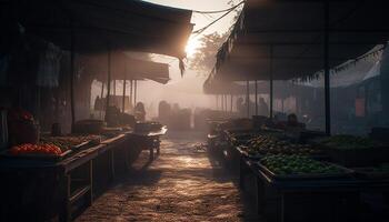 frisch Meeresfrüchte und Gemüse verkauft beim überfüllt Straße Markt Stände generiert durch ai foto