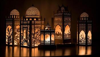 Ramadan Feier leuchtet berühmt Moschee aufwendig die Architektur beim Dämmerung generiert durch ai foto