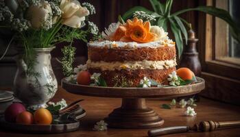 Süss Kuchen gebacken mit frisch Obst und Schokolade Dekoration generiert durch ai foto