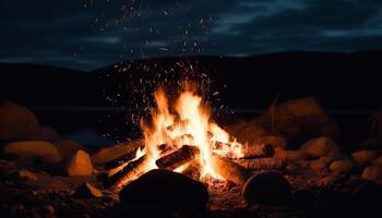 glühend Lagerfeuer Verbrennung hell im das dunkel Sommer- Nacht generiert durch ai foto