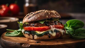 gegrillt Rindfleisch Burger auf Ciabatta mit frisch Tomate und Zwiebel generiert durch ai foto